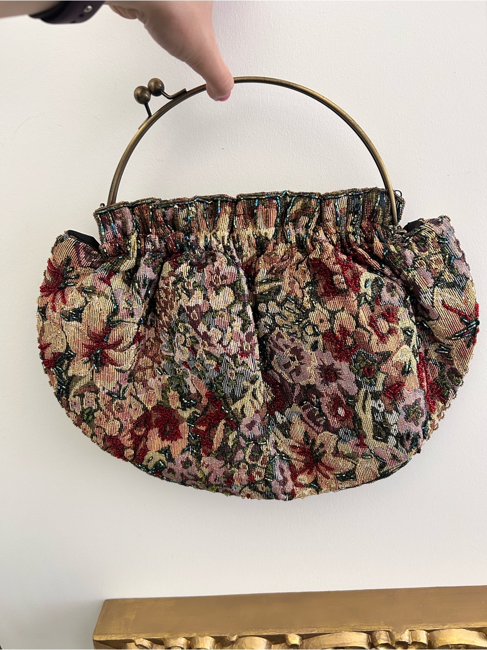 Vintage Floral Tapestry Handbag with Brass Handle - Multicolor